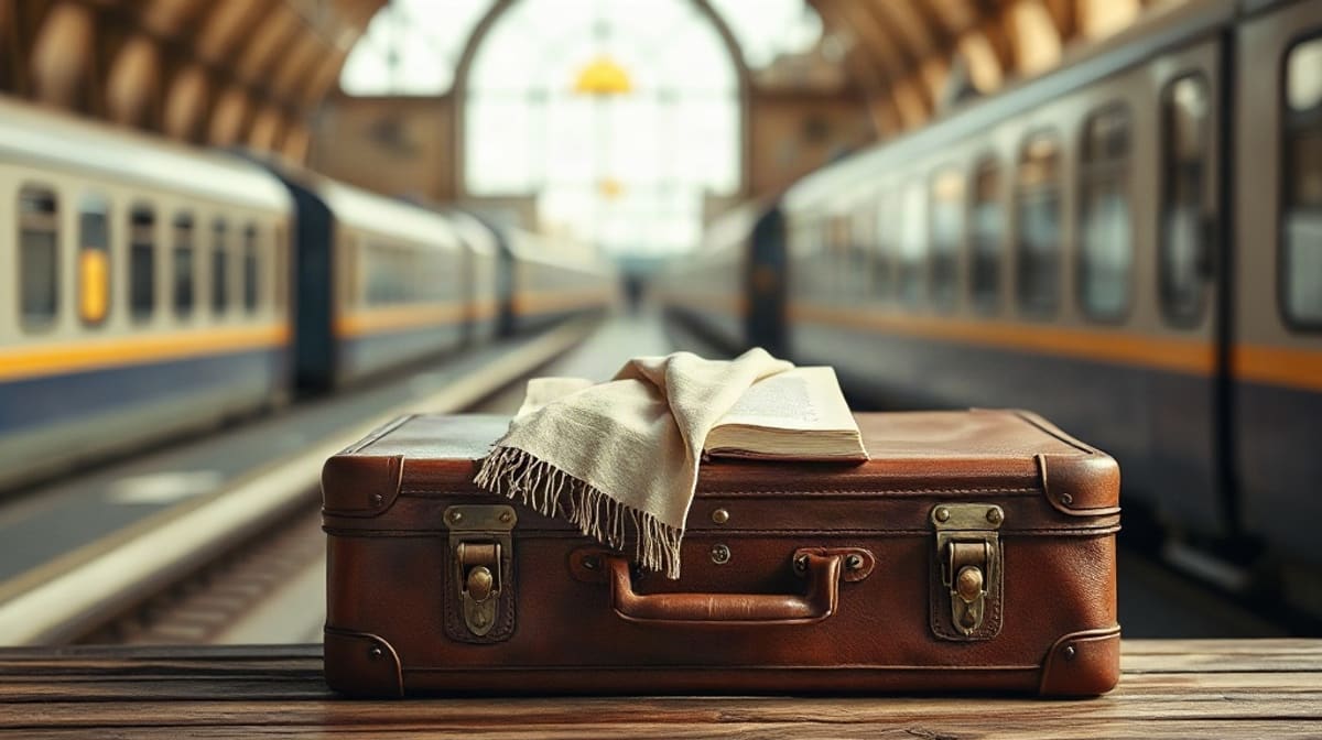 Valise ancienne fermée et petit livre posés sur un banc de gare