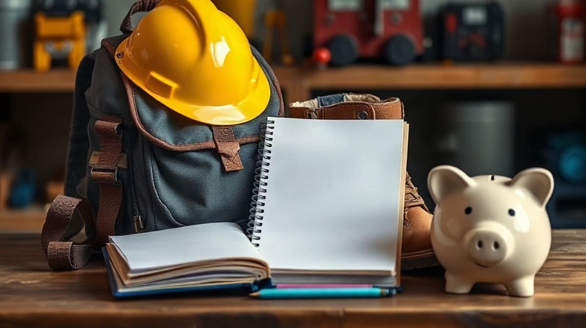 Sac à dos d’étudiant, chaussures de sécurité, casque de chantier et tirelire sur un établi