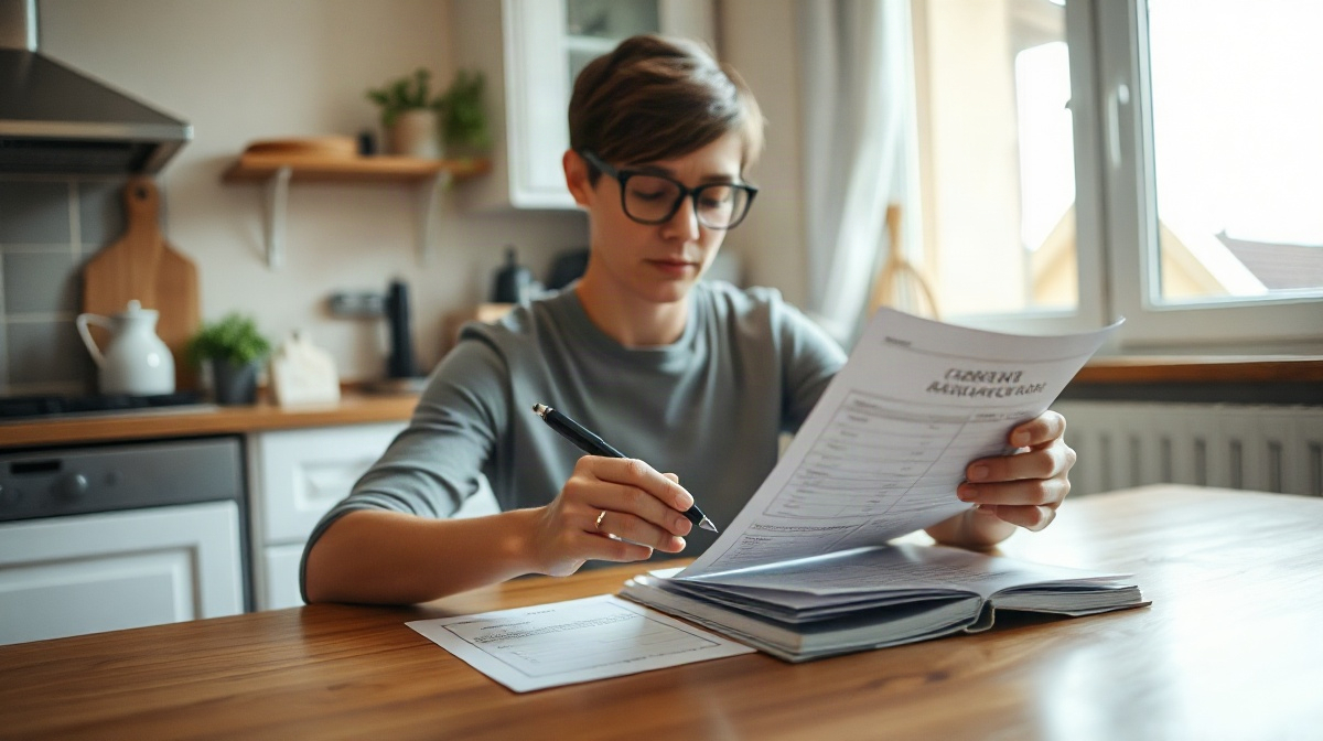 Enseignant à table, examinant des documents avec un stylo