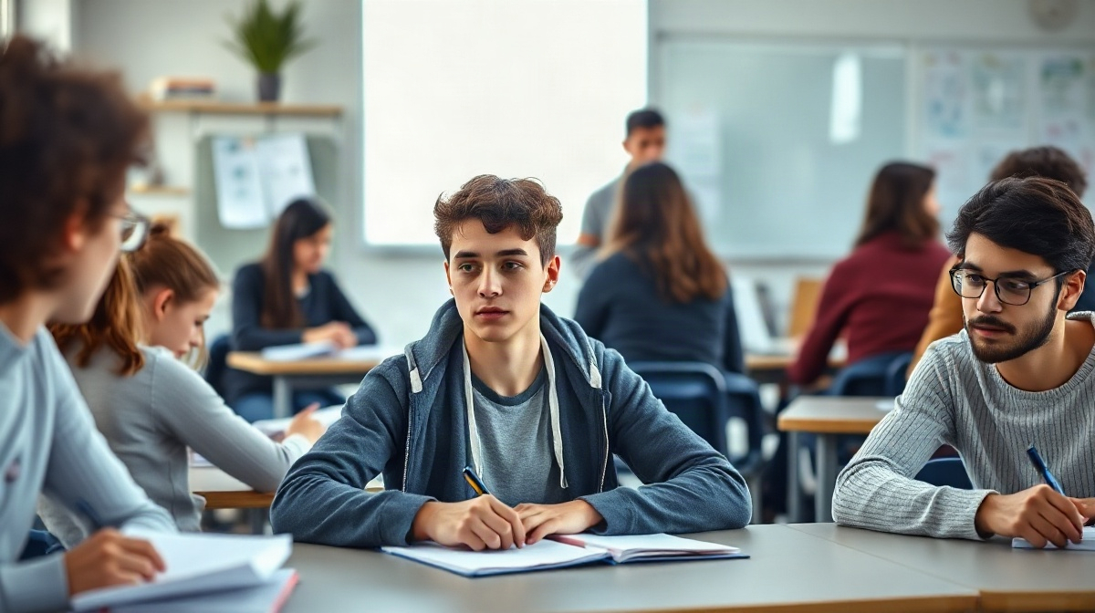 Élève attentif prenant des notes dans une classe de lycée français