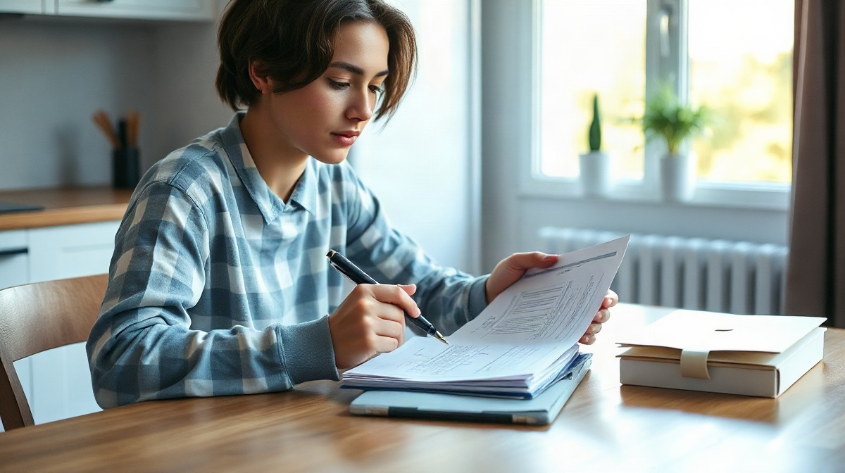 Étudiant examinant des papiers vierges avec un stylo, enveloppe à côté