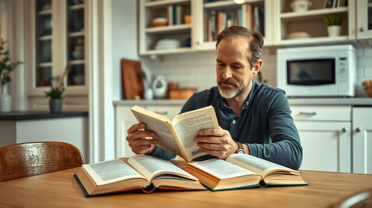 Lecteur assis en cuisine, lisant un livre ouvert, trois romans à côté