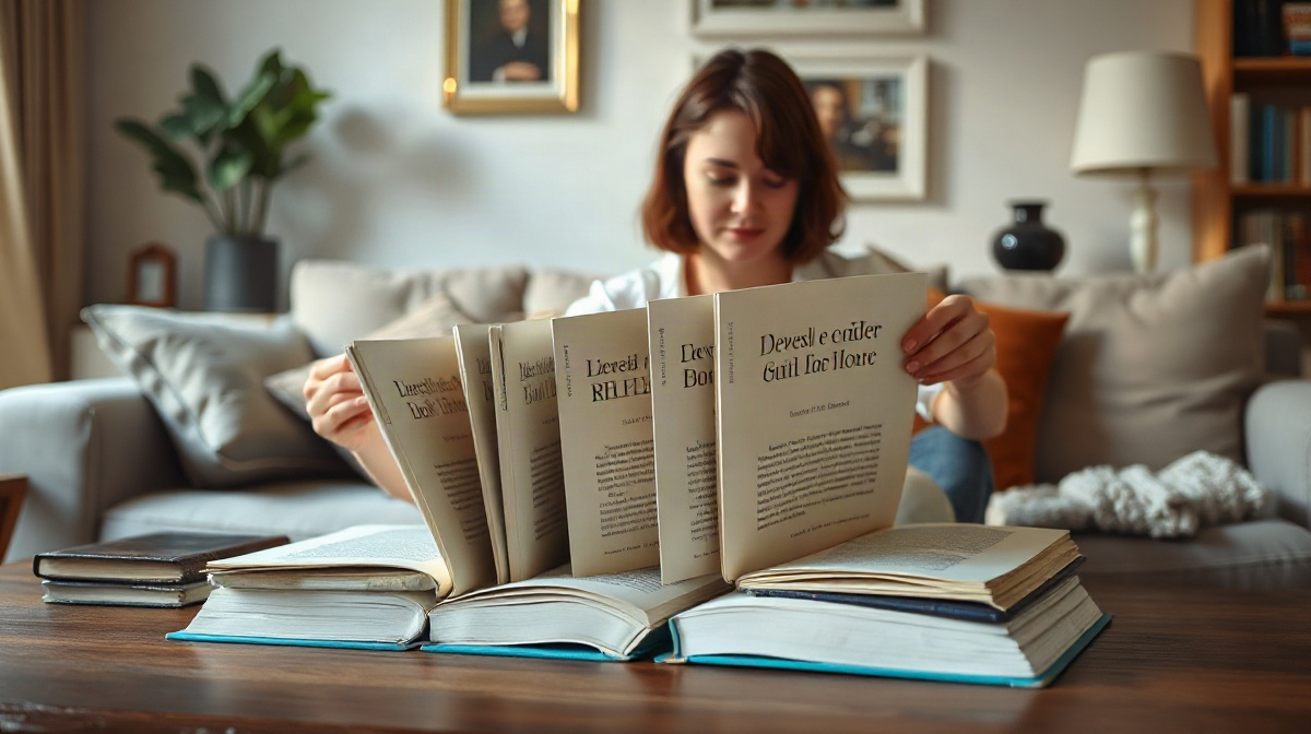 Personne assise range quatre livres sur une table basse, dont un ouvert