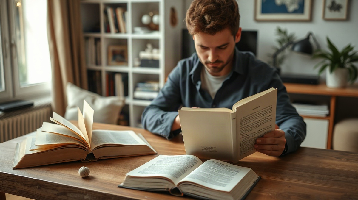 Adulte arrange des romans brochés, un livre ouvert à côté