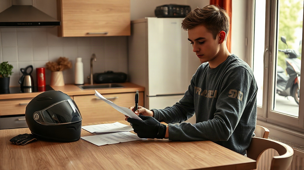 Jeune adulte examinant des documents à table, casque et gants à côté