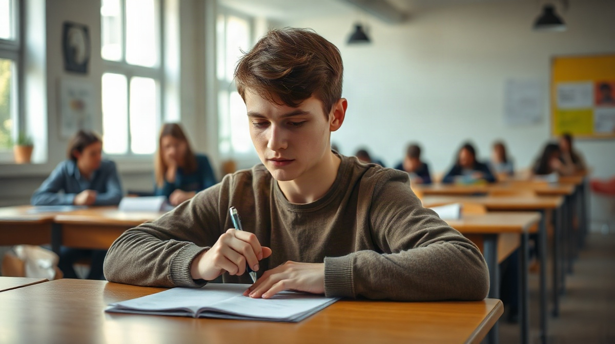 Élève assis à son bureau, stylo sur une feuille, enseignant derrière