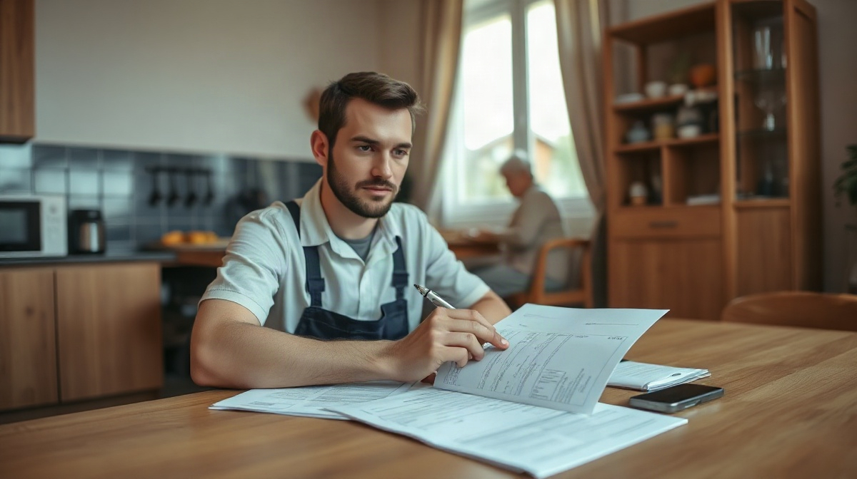 Jeune apprenti examine des documents papier au stylo, un proche écoute